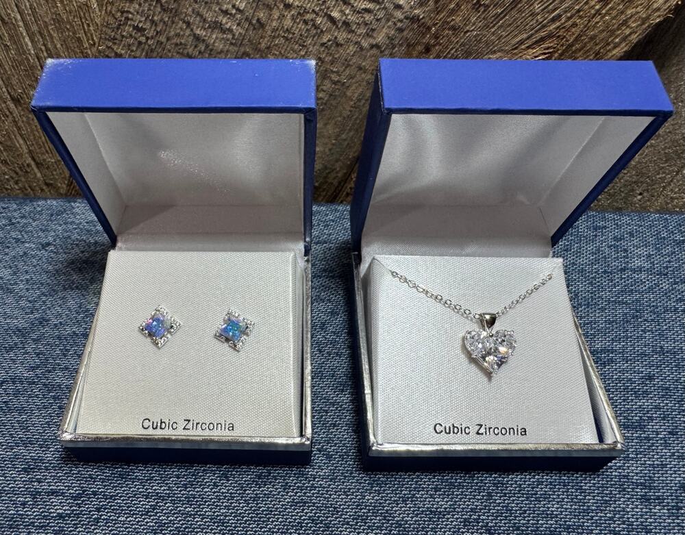 Gift Set Square Blue-Tinted Stud Earrings & Heart Shaped Pendant Necklace CZ